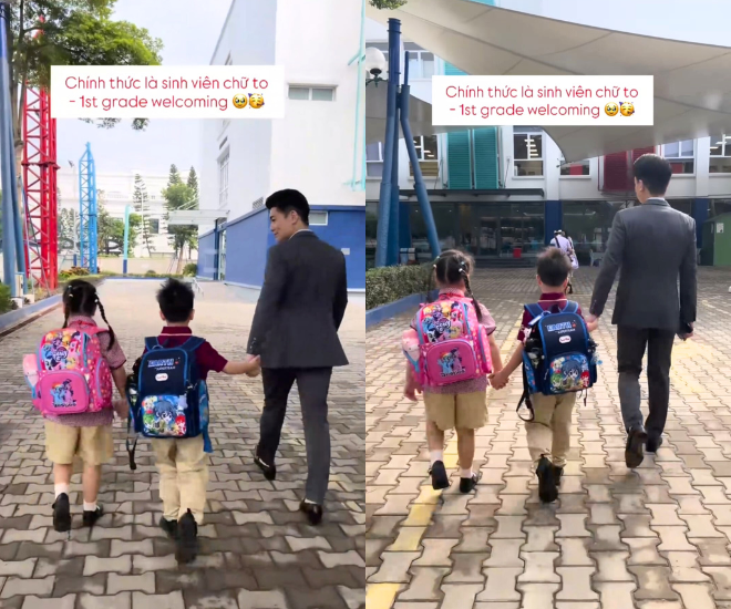 Đỗ Quang Vinh đưa 2 con đến trường trong ngày đầu vào lớp 1.