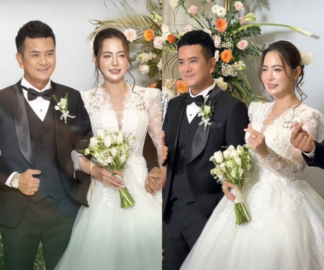 Vợ chồng Hùng Thuận rạng ngời trong đám cưới.