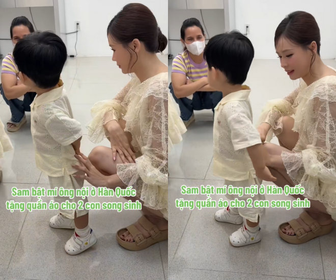 Cặp song sinh nhà Sam mặc đồ do ông nội tặng.
