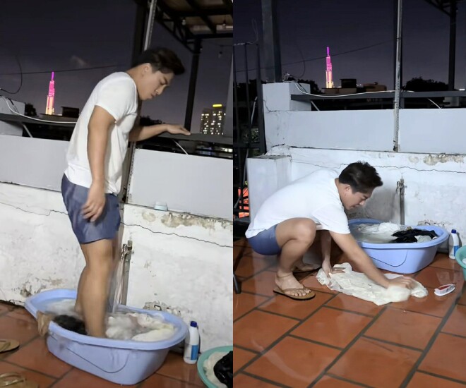 Hình ảnh Châu Khải Phong cặm cụi giặc quần áo cho vợ.