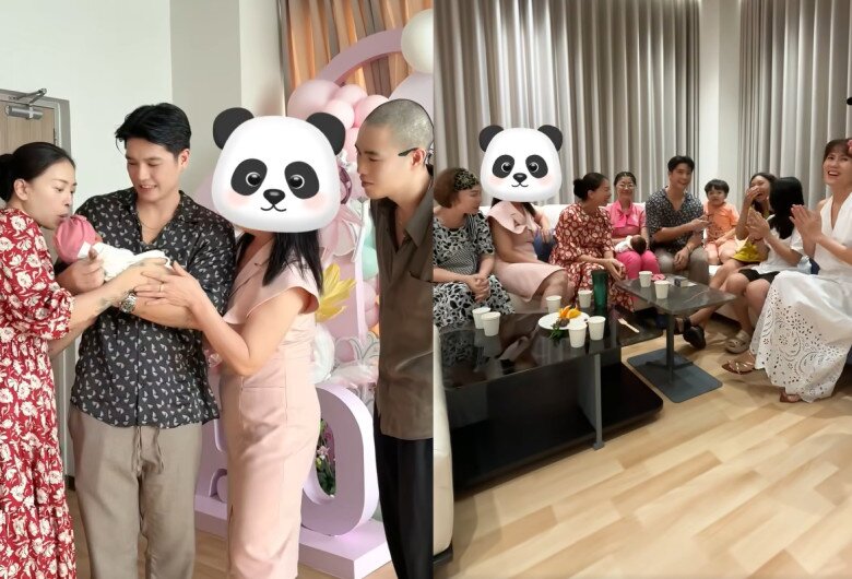 Khung cảnh 2 gia đình nội, ngoại quây quần bên bé Gạo vô cùng ấm cúng.