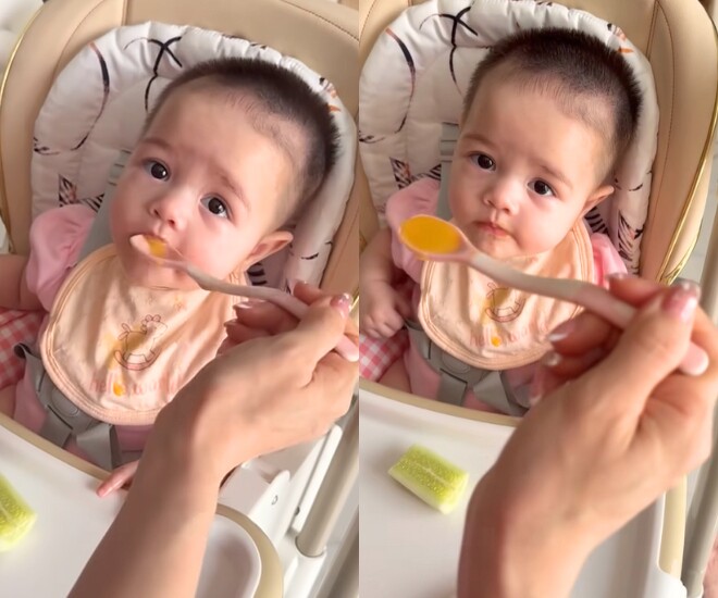 Con gái Nhật Kim Anh trông cực yêu khi tập ăn dặm.