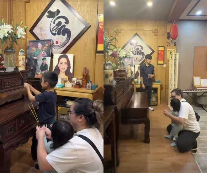 Con gái Phi Nhung hướng dẫn các con thắp hương cho bà ngoại.