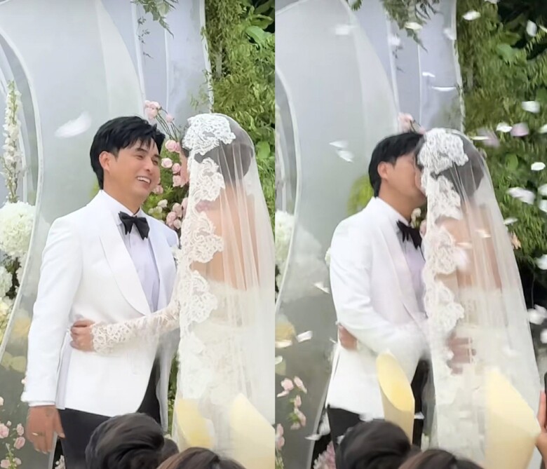 Khoảnh khắc cặp đôi trao nhau nụ hôn ngọt ngào.