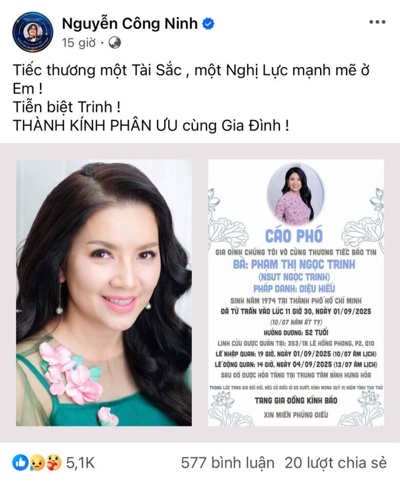 Công Ninh xót xa khi hay tin Ngọc Trinh qua đời.