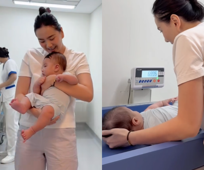 Mai Ngọc đưa con trai đi tiêm phòng vaccine tại bệnh viện quốc tế.