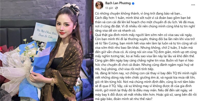 Nữ MC thấy may mắn vì gia đình cô vô tình tránh được cơn bão số 3 ở Trung Quốc.