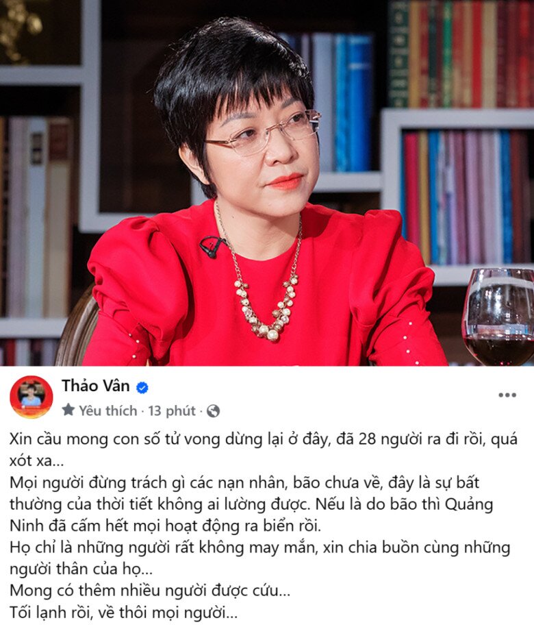 MC Thảo Vân bày tỏ nỗi xót xa sau khi đọc tin tức về vụ lật tàu ở Quảng Ninh.