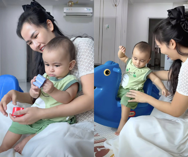 Con trai Võ Hạ Trâm nay được hơn 1 tuổi, được mẹ nhận xét khá hiếu động.