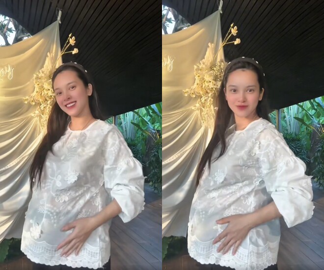 Quỳnh Lương khoe bụng bầu nhô cao vượt mặt ở tháng thứ 8.