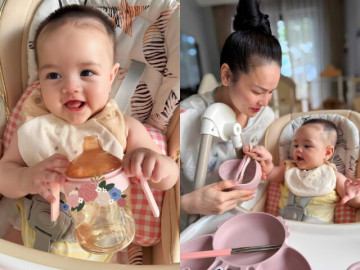 Con gái lai ngoại quốc nhà Nhật Kim Anh có đôi mắt đẹp như ngọc, video tập ăn dặm đốn tim người xem