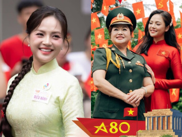 Trưởng khối dẫn đầu diễu hành tại A80 là đối thủ màn ảnh của Phương Oanh, xinh đẹp nhờ gen từ mẹ Thượng tá