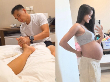 H'Hen Niê sung sướng được chồng xoa bóp chân, không ngại khoe rõ đường chỉ đen trên bụng bầu 9 tháng