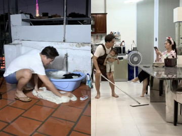 Chồng Thanh Trúc đi làm về ngồi giặt quần áo cho vợ, bố bỉm sữa bận bế bồng con gái vẫn chăm việc nhà