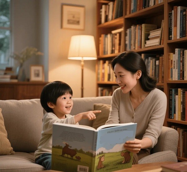 A parent and child choosing books to read