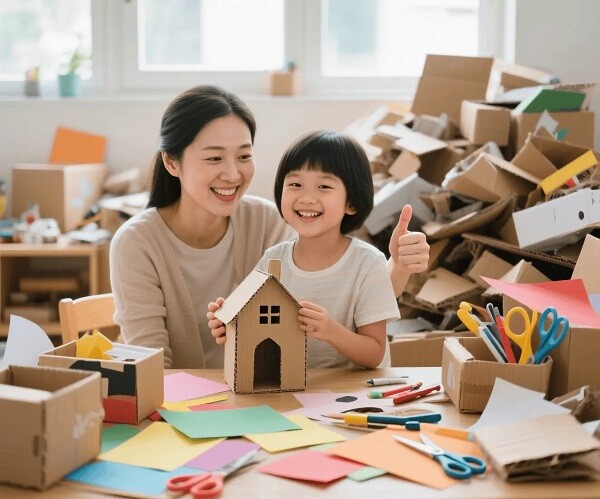 A parent and child doing arts and crafts
