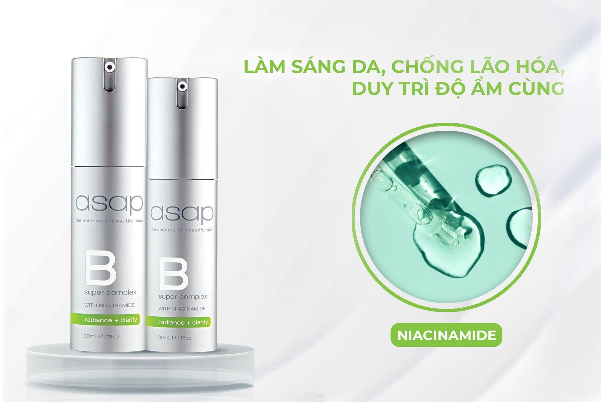 Niacinamide trong sản phẩm Super B Complex của ASAP được xem là thành phần vàng mang lại hiệu quả chăm sóc da vượt trội