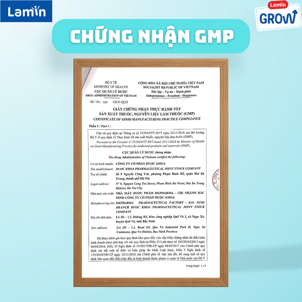 LaminGrow hiện đang sản xuất tại Nhà máy Dược khoa DK PHARMA - Chi nhánh Bắc Ninh, đạt chuẩn GMP-WHO. Tại đây, toàn bộ quy trình từ nhập kho nguyên liệu, trộn phối công thức, đóng gói đến lưu kho đều được giám sát theo tiêu chuẩn quốc tế.