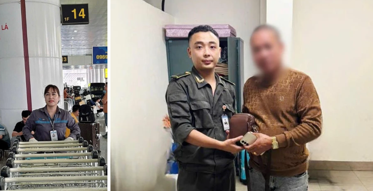 Ảnh trái: Chị Hồ Thị Thành trong một ca trực. Ảnh phải: Anh B.P.H. vui mừng nhận lại chiếc túi quan trọng từ lực lượng an ninh hàng không Nội Bài. Ảnh: NIA