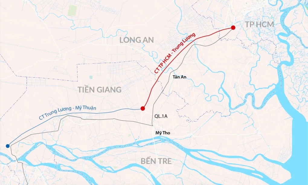 Hướng tuyến cao tốc TP HCM - Trung Lương nối miền Tây. Đồ họa: Đăng Hiếu