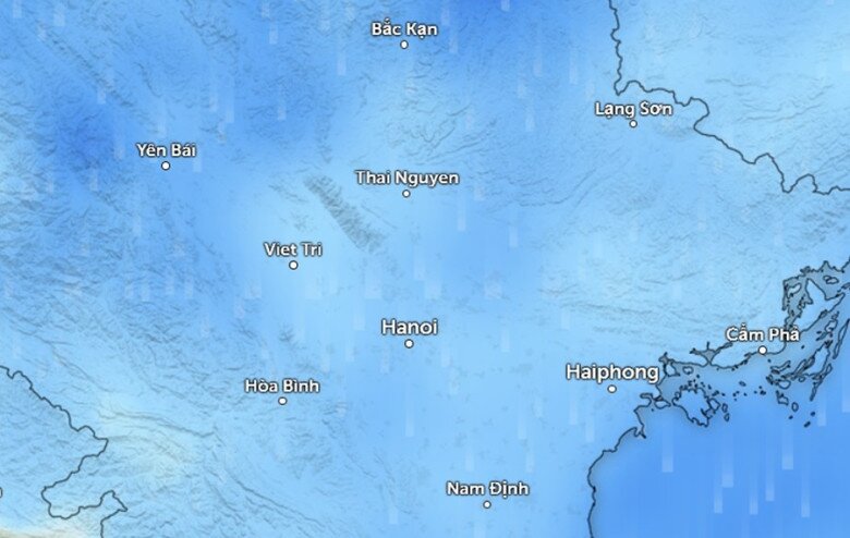 Dự báo mưa ở một số tỉnh thành miền Bắc vào sáng mai, 15/8 (những vùng màu xanh da trời là có mưa). Ảnh: Zoom Earth, OpenStreetMap, ICON.