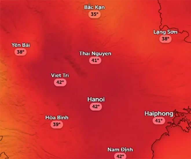 Dự báo nhiệt độ cảm nhận ở một số tỉnh thành miền Bắc vào trưa và chiều ngày 8 - 9/7 (thứ Ba và thứ Tư). Ảnh: Zoom Earth, OpenStreettMap, ICON.
