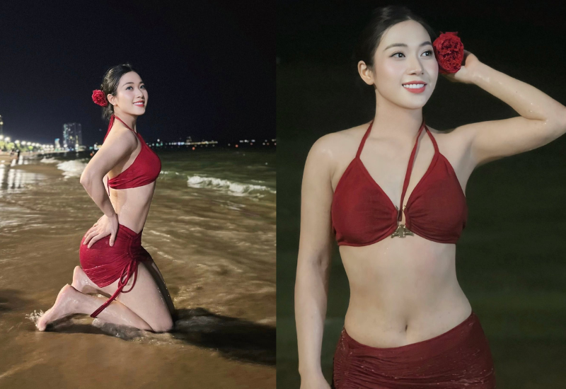 Cô nàng cũng không ngần ngại khoe trọn vóc dáng nuột nà với đường cong chữ S mê hoặc. Vòng eo con kiến, bờ vai thon và làn da trắng mịn của mỹ nhân 9x khiến tổng thể thêm phần quyến rũ.