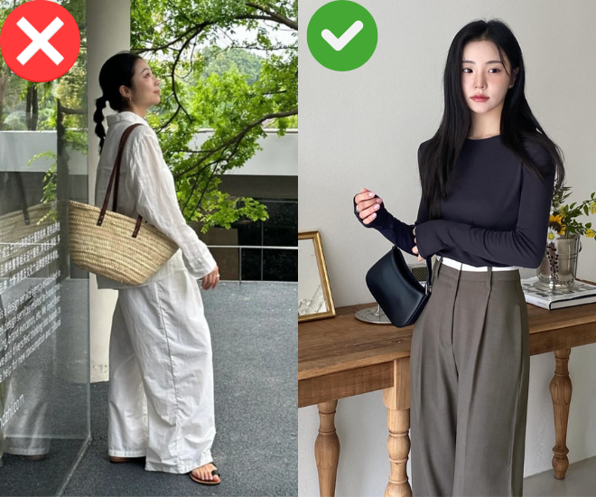 Trang phục trắng hoặc sáng màu dễ dính bẩn, loang lổ khi gặp mưa, khiến vẻ ngoài kém gọn gàng. Nguy hiểm hơn, vải sáng màu khi ướt dễ trở nên trong suốt. Ngày mưa, hãy ưu tiên gam tối như đen, xám, nâu để giữ sự tinh tế.