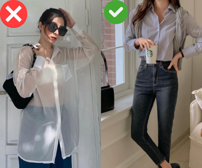 Chất liệu voan, lụa mỏng hay xuyên thấu dễ trở nên trong suốt khi gặp nước, làm lộ nội y và nơi công sở. Không chỉ mất điểm, chúng còn dễ khiến cơ thể lạnh. Nên chọn vải dày dặn hơn như cotton hoặc denim để an toàn.