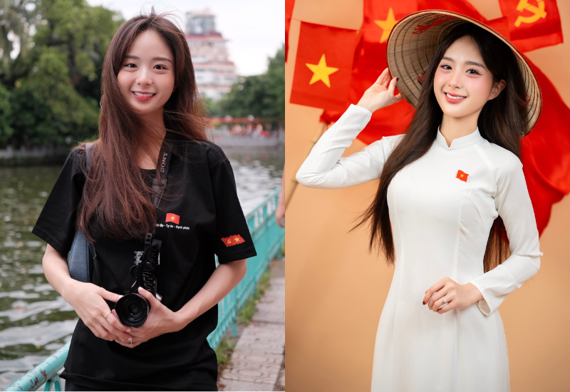 Giống như nhiều người, trong không khí Lễ kỷ niệm 80 năm Cách mạng Tháng Tám và Quốc khánh 2/9, Hiền Anh cũng hào hứng diện áo dài, check-in "xuống phố" xem diễu binh, diễu hành. 