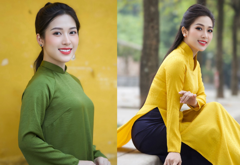 Áo dài là một trong những trang phục được Nguyễn Thị Thủy yêu thích. Nữ Thượng úy không chọn các thiết kế có hoạ tiết hay được đính kết cầu kỳ màu ưu tiên các màu sắc nổi bật như vàng, xanh lá, đỏ...