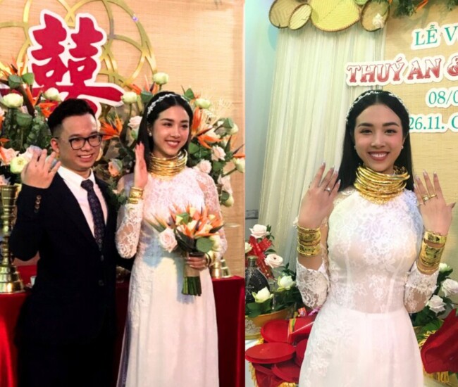 Á hậu Thúy An từng nhận được 13 cây vàng bao gồm vòng cổ, vòng tay, dây chuyền, nhẫn,... trong đám cưới với Tiến sĩ Ngọc Duy.