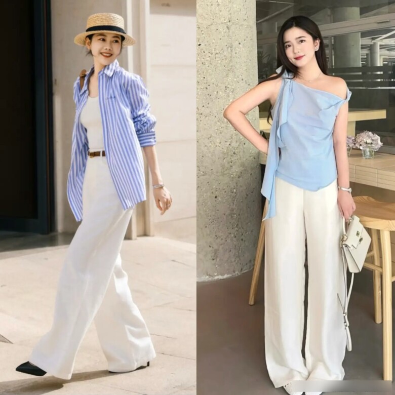 Kiểu phối trắng – xanh dương tạo cảm giác mát mẻ, thanh thoát và trẻ trung rõ rệt. Sự tương phản nhẹ nhàng giữa sắc trắng tinh khôi và xanh dương dịu mắt mang lại diện mạo tươi mới, giúp người mặc trông rạng rỡ, nhẹ nhàng hơn cả trong những ngày hè oi ả. Đây chính là combo “hack tuổi” mà mọi phụ nữ nên thử ít nhất một lần.
