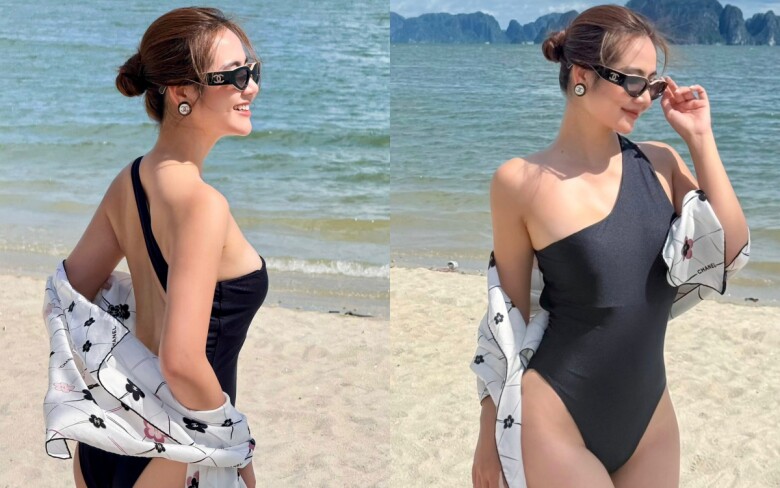 Huyền Lizzie diện bikini màu đen cắt xẻ táo bạo, khoe trọn lưng trần gợi cảm cùng đôi chân dài mướt mắt.