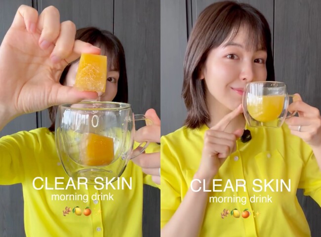 Nữ beauty blogger chăm chỉ uống 1 cốc nước màu vàng được làm từ chanh vàng, cam, gừng, mật ong và đường nâu mỗi sáng. 