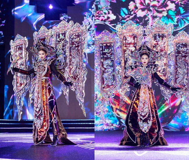 Hoa hậu Quế Anh diện lại thiết kế Khảm Xà Cừ. Đây cũng là trang phục đã chinh chiến cùng cô tại Miss Grand International 2024. 