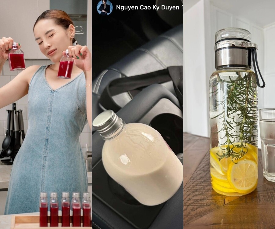 Bên cạnh nước ép dứa - gừng, Hoa hậu Kỳ Duyên còn uống nước ép táo - củ dền, sữa chua Kefir và nước ép detox chanh vàng và lá hương thảo. 