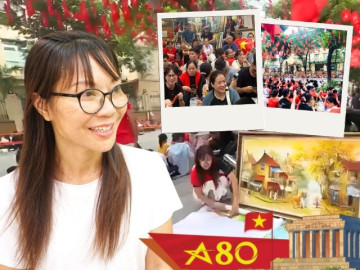 Cô chủ tiệm trải tranh cho người dân ngồi xem diễu binh: “Bài ca chiến thắng đã vang lên trước cửa hàng của tôi”