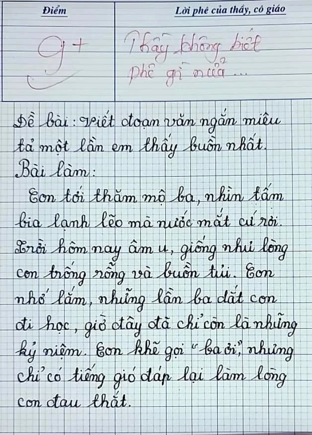 Bài văn vỏn vẹn 4 câu viết về bố nhận điểm 9, lời phê của thầy giáo dành cho bé học sinh gây xúc động - 1