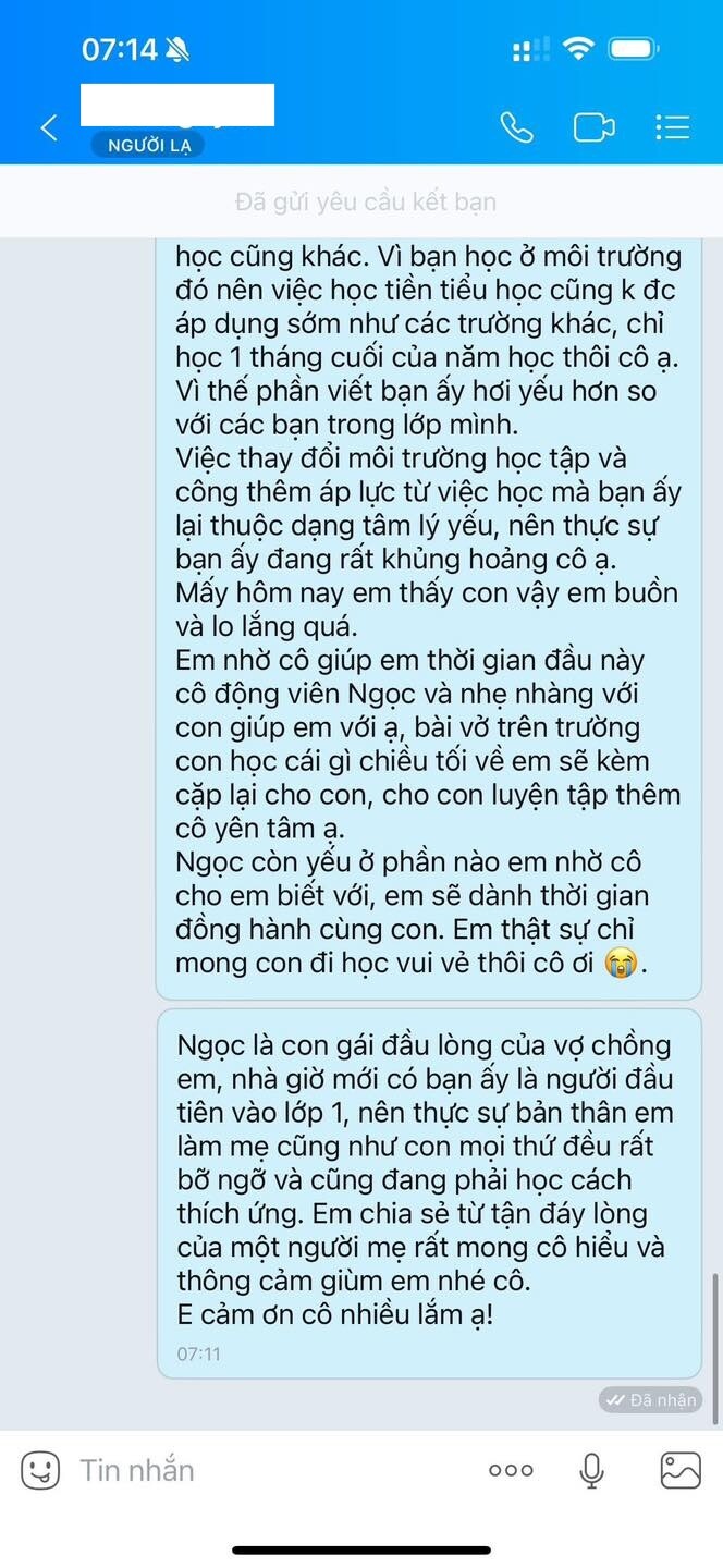 Đoạn tin nhắn phụ huynh tâm sự với cô giáo chủ nhiệm của con.