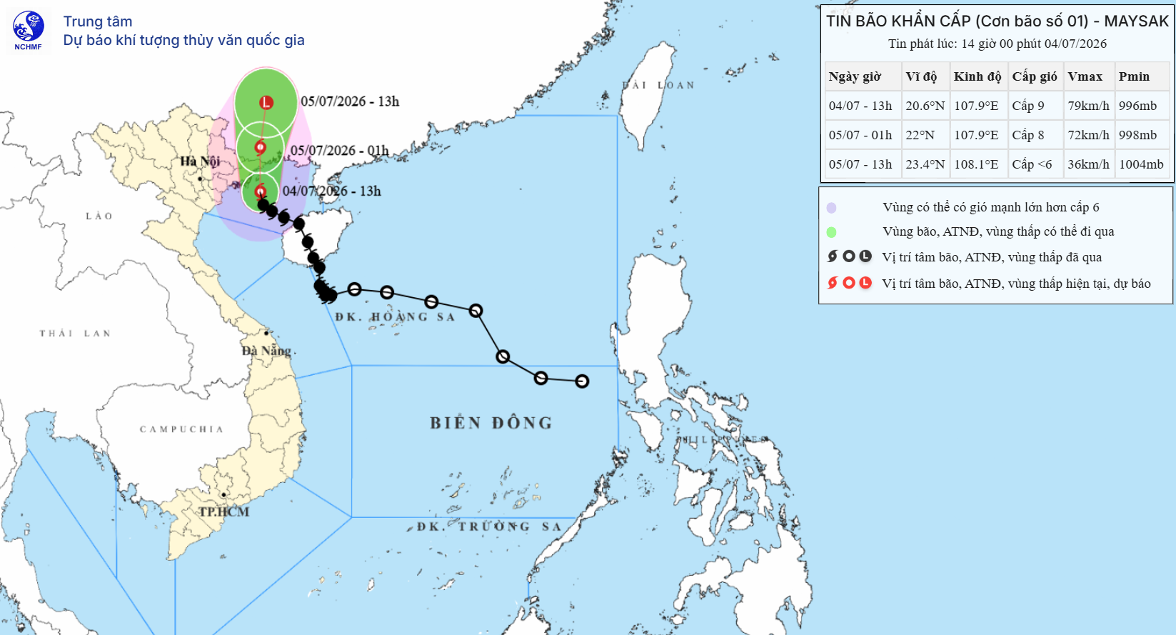 Dự báo quỹ đạo của bão số 1 lúc 14h ngày 4/7/2026. Nguồn: NCHMF