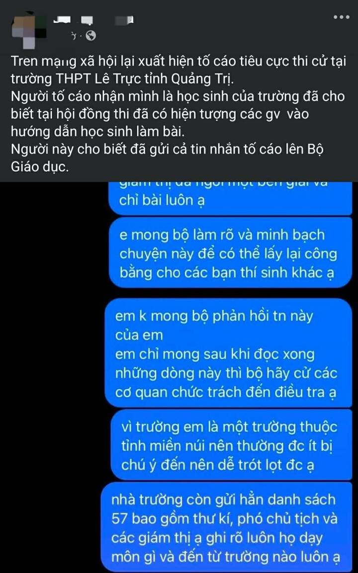 Thông tin lan truyền trên mạng xã hội phản ánh tiêu cực tại điểm thi. (Ảnh chụp màn hình)