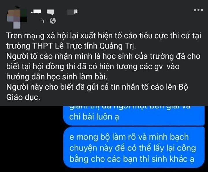 Thông tin lan truyền trên mạng xã hội phản ánh tiêu cực tại điểm thi. (Ảnh chụp màn hình)