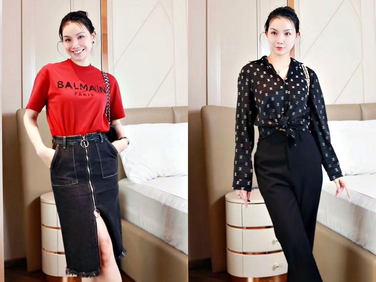 Hoa hậu hack tuổi với áo thun, chân váy denim hay sơ mi họa tiết phối quần ống suông, cột túm vạt áo ở bụng.