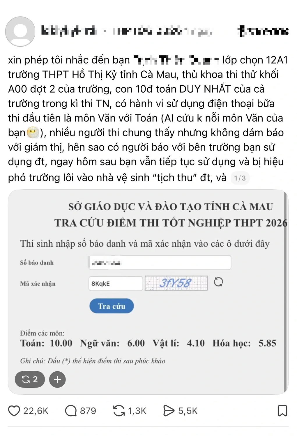 Bài đăng trên mạng tố nam sinh trường THPT Hồ Thị Kỷ dùng điện thoại trong phòng thi. Ảnh: Chụp màn hình