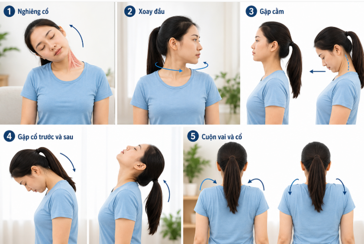 Các bài tập vận động nhẹ vùng cổ giúp duy trì độ linh hoạt cột sống cổ và giảm cứng cơ. (Ảnh minh họa: AI)