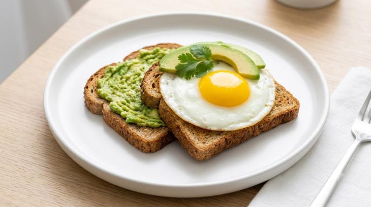 Món trứng ốp la với bánh mì nguyên cám và quả bơ là một trong những lựa chọn bữa sáng lành mạnh và đủ chất. Ảnh minh họa AI