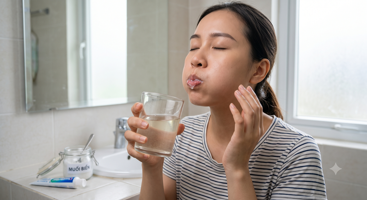 Để giảm cảm giác ê buôt răng bạn có thể súc miệng bằng nước muối ấm trong khoảng 1-2 phút. Ảnh minh họa AI. 