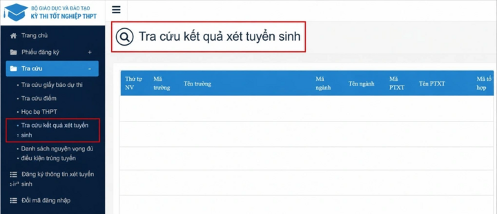 Giao diện tra cứu kết quả xét tuyển sinh.