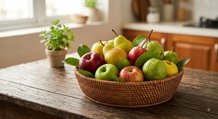 Táo, lê, ổi giàu chất xơ giúp giảm cân hiệu quả. Ảnh minh họa AI